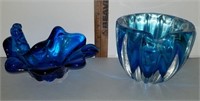 2 MCM Blue Art Glass Dishes