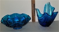 2 MCM Blue Art Glass Dishes