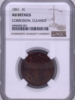 1851 Large cent graded AU details cleaned, corrosi