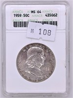 Lot of 3 graded coins: 1959 silver Franklin half M