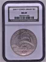 2000 P Library of Congress silver dollar MS69 by N