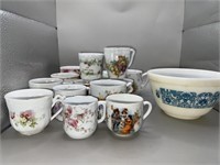 15 Small Teacups, Pyrex bowl- Blue Horizon