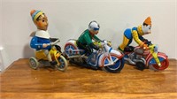 3X WIND-UP MOTORCYCLE RACER, TRICYCLE AND