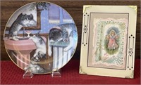 Decorative cat plate and valentine picture