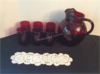 Ruby Red Glass Pitcher, Glasses & Coasters