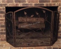 Tri-Fold Brown Metal Fireplace Screen
