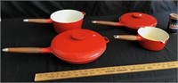 Lot of 4 red Copco enamled cast iron pans