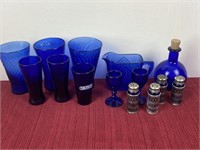 14 piece cobalt glass items and barometer