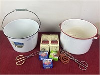 2 granite ware pots and group of regular canning