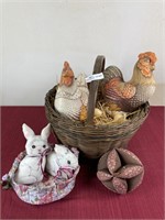 Basket with stuffed chickens and rabbits