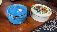 Enamel Pot w/ Lid and Round Tin