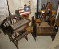 Benches, chair, flag & stand