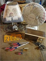 Fan, radio, light & screwdrivers