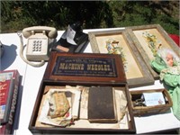2 old telephones, antique wood box, 2 pictures,