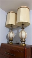 2- tall contemporary glass lamps with brass bases