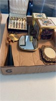 Lot of odds and ends mirror, tins babe spoons