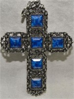 Large Vtg Silver Tone Blue Stone Cross Pendant