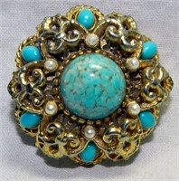 1960's Gold Tone Turquoise type Stone Brooch