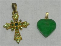 Gold Tone Crystals Cross Pendant & Jade Heart