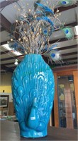 Large turquoise peacock flower vase with dried