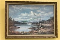 Large framed landscape print signed Haver. Frame