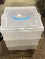 Three section clear plastic storage bins with