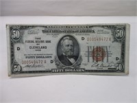 1929 $50 NATIONAL CURRENCY NOTE FED. RES. BANK CLE