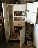 Vintage white metal cabinet and contents
