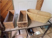 Vintage Wood Basket, (2) Cheese Boxes