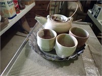 Stoneware Tea Pot w/ Matching Cups, Metal