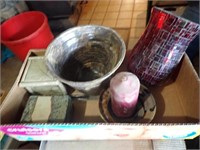 Lg. Ruby Glass Shade, Candle, Pottery Flower Pot,