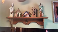 5 Birdhouses and Wooden Shelf