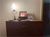 Two drawer cabinet, lamp, jewelry box, other