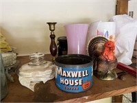 Assortment of items, maxwell house coffee can,