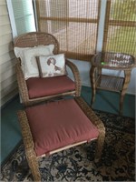 Wicker chair ottoman and table with glass