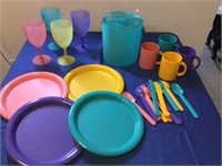 New picnic set plates, ice bucket, four goblets,