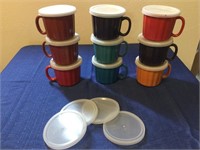Nine soup mugs with lids and extra lids. Great