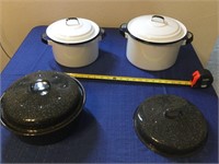 Three black and white enamelware lidded pots plus