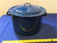 Blue speckled enamelware pot with lid