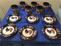 Six rooster plates, six oversized rooster mugs.