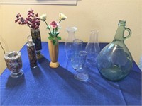 Miscellaneous glassware. 1 gallon jug, hurricane