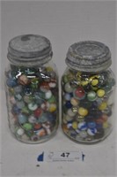 Two Zinc Lid Ball Jars Filled with Marbles