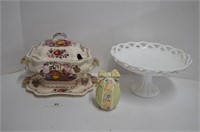Milk Glass Cake Stand, Ribbon Egg with Rabbits,