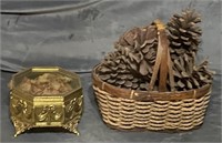 Brass/Glass Container & Basket of Pine Cones