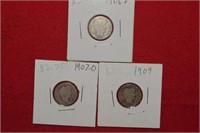 (3) Barber Dimes 1906-D to 1909 Mix