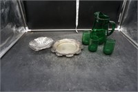 Green Glass Drinkware, Silver Plate Trays