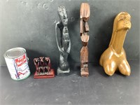 4 sculptures en bois dont singes de la sagesse