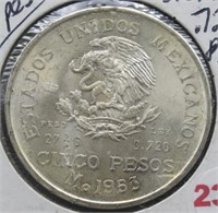 1953 Mexican Cinco Pesos. Ley .720.