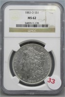 1883-O Morgan Silver Dollar. NGC MS 62.