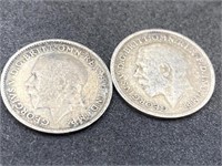 (2) 1913 Silver Great Britain 3 Pence Coins